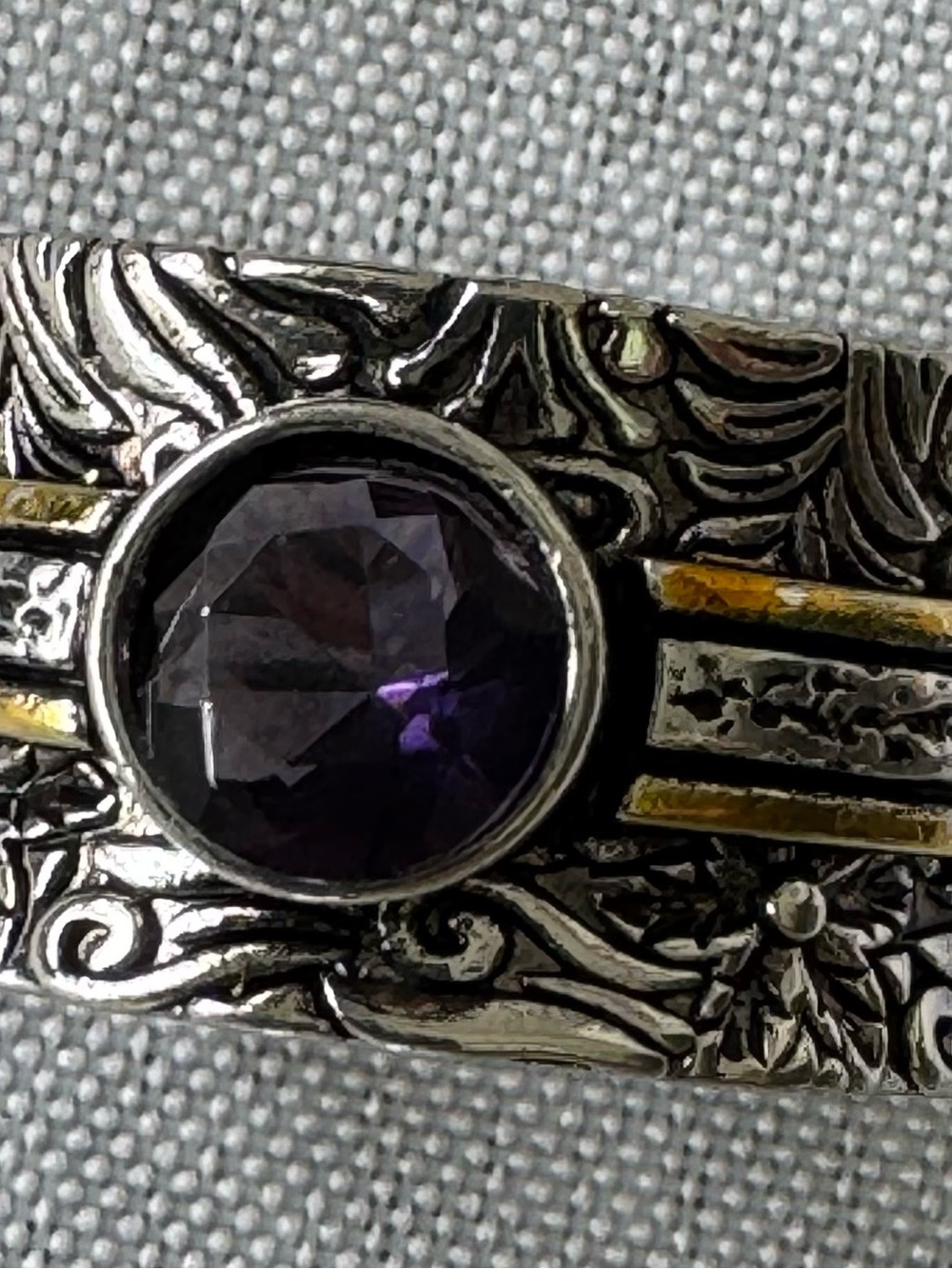 Bohemian Style Silver Two Tone Bezel Set
Amethyst CZ Stone Carved Wide Band Sz
9